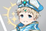  1boy black_headwear blonde_hair blue_eyes close-up crave_saga forehead_jewel grey_background jewelry looking_at_viewer male_child male_focus nine_(crave_saga) pendant portrait short_hair simple_background smile solo teeth translation_request usuki_(usukine1go) white_headwear 