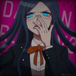  1girl artist_name black_jacket blue_eyes bow bowtie collared_shirt danganronpa_(series) danganronpa_v3:_killing_harmony dress_shirt glasses highres jacket long_hair long_sleeves open_clothes open_jacket orange_bow orange_bowtie parted_bangs pink_background shirogane_tsumugi shirt solo suiren_yurei teeth upper_teeth_only watermark white_shirt 