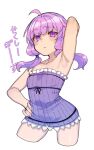  1girl ahoge arm_behind_head armpits blush_stickers breasts closed_mouth collarbone commentary_request cropped_legs dress empire_waist floating_hair furrowed_brow hand_on_own_hip highres looking_at_viewer microdress no_jacket pink_eyes purple_dress purple_hair ribbed_dress simple_background small_breasts solo strapless strapless_dress toriniku29 translation_request vocaloid voiceroid white_background yuzuki_yukari 
