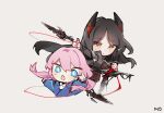  :o arknights black_hair black_shirt blue_eyes blue_jacket blue_poison_(arknights) bright_pupils chibi dailybloopy demon_horns hair_between_eyes horns ines_(arknights) jacket knife long_hair long_sleeves numbered pink_hair shirt simple_background twintails white_background white_pupils white_shirt yellow_eyes 