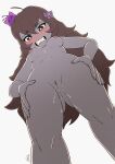  1girl absurdres blob blush bow breasts brown_eyes brown_hair centi_(nimu) godichi hair_bow highres indie_virtual_youtuber long_hair nimu_(vtuber) nude pale_skin pussy pussy_focus pussy_juice solo virtual_youtuber 