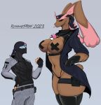  &lt;3 2023 anthro bandanna big_breasts big_butt biped black_clothing breasts brown_body brown_fur butt clothed clothing coat curvy_figure dated dipstick_ears duo eyebrows eyewear female fingerless_gloves front_view fully_clothed fur generation_4_pokemon gloves goggles grey_background grey_clothing hand_in_pocket handwear harness hi_res hourglass_figure human jewelry kerchief larger_anthro larger_female legband legwear long_ears looking_at_another looking_down_at_another lopunny love_ball male male/female mammal mask midriff monotone_body monotone_fur multicolored_ears navel necklace nintendo open_clothing open_coat open_topwear pasties pink_body pink_eyebrows pink_fur pink_nose pockets pokeball pokeball_necklace pokemon pokemon_(species) runawaystride scut_tail short_tail signature simple_background size_difference skimpy smaller_male smiley_face squish tail tan_body tan_skin thick_thighs thigh_highs thigh_squish thighband topwear two_tone_ears 