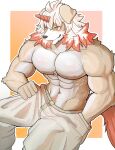  1_horn abs anthro arknights big_muscles blep canid canine chest_tuft clothed clothing fluffy fluffy_tail fur hair hand_in_pocket hi_res horn hung_(arknights) hypergryph male mammal multicolored_hair muscular muscular_anthro muscular_male navel nipples orange_background pants_grab pecs pink_nipples pink_tongue pockets pubes redd_fur simple_background solo studio_montagne tail tan_body tan_fur teeth tongue tongue_out topless tuft two_tone_hair white_hair yellow_eyes 