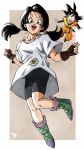  1boy 1girl ankle_boots belt bike_shorts black_belt black_gloves black_hair blue_eyes boots border collarbone commentary_request dougi dragon_ball dragon_ball_z fingerless_gloves floating floating_hair full_body gloves green_footwear highres kakeru_(dbskakeru) long_hair looking_at_viewer low_twintails male_child open_mouth orange_pants outside_border oversized_clothes oversized_shirt pants purple_socks shirt short_sleeves signature smile socks son_goten spandex spiked_hair toriyama_akira_(style) twintails videl white_border white_shirt 