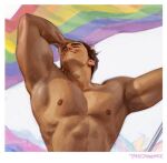  1boy artist_name bara black_hair border closed_eyes closed_mouth hand_on_own_head large_pectorals lgbt_pride male_focus muscular muscular_male pectorals rainbow_flag short_hair smile solo theo_(theobromicart) topless_male white_border 