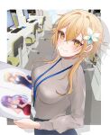  1girl absurdres blonde_hair blush breasts chair closed_mouth computer flower genshin_impact grey_shirt hair_between_eyes hair_flower hair_ornament highres holding indoors keyboard_(computer) large_breasts long_sleeves lumine_(genshin_impact) monitor mouse office_chair pants shirt short_hair_with_long_locks sidelocks solo swivel_chair white_flower yaduki100 yellow_eyes 