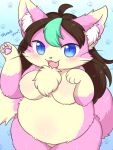  3:4 4_fingers anthro belly big_belly big_breasts blue_eyes blush breasts brown_hair cheek_tuft chest_tuft cute_fangs digital_media_(artwork) domestic_cat english_text facial_tuft featureless_breasts featureless_crotch felid feline felis female fingers fur hair hi_res inner_ear_fluff koto0v0haru long_hair looking_at_viewer mammal nude open_mouth overweight overweight_anthro overweight_female pawpads pink_body pink_fur pink_nose pink_pawpads pupils simple_background slit_pupils smile snaggle_tooth solo standing tail teeth text tongue tuft white_body white_fur 