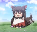  1girl animal_ears barefoot blush brooch brown_hair day dress fang flower grass hair_between_eyes hands_on_own_face imaizumi_kagerou jewelry long_hair long_sleeves motion_lines open_mouth pink_flower red_dress red_eyes rokugou_daisuke signature smile solo tail touhou white_dress wolf_ears wolf_tail yellow_flower 