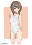  1girl absurdres arms_behind_back brown_eyes brown_hair cropped_legs flat_chest headgear highres kantai_collection one-hour_drawing_challenge one-piece_swimsuit short_hair short_hair_with_long_locks solo standing swimsuit taihou_(kancolle) twitter_username two-tone_background white_one-piece_swimsuit yamano_rita 