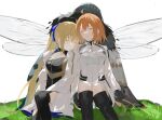  1boy 2girls absurdres ahoge artoria_caster_(fate) artoria_pendragon_(fate) back-to-back black_gloves black_hair black_thighhighs blonde_hair blue_ribbon boots breasts cleavage closed_eyes diamond_hairband dragonfly_wings eyelashes fate/grand_order fate_(series) fujimaru_ritsuka_(female) gloves highres long_hair long_sleeves multiple_girls oberon_(fate) oberon_(third_ascension)_(fate) on_grass orange_hair parted_lips ribbon romo827 short_hair simple_background sitting solo thighhighs twitter_username very_long_hair white_background 