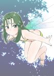  1girl :/ aqua_nails ass bandeau barefoot bikini facial_mark fairy fairy_wings flat_chest forehead_mark full_body green_bandeau green_bikini green_eyes green_hair hair_ornament highres mizu_kane original pointy_ears pout solo swimsuit wings 