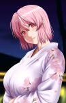  1girl alternate_costume breasts closed_mouth floral_print hair_between_eyes highres japanese_clothes kimono large_breasts lips long_sleeves nori_tamago pink_hair print_kimono red_eyes saigyouji_yuyuko short_hair solo touhou upper_body white_kimono 