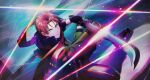  1boy fingerless_gloves fingernails gloves green_eyes highres holding holding_sword holding_weapon idolmaster idolmaster_side-m idolmaster_side-m_growing_stars male_focus mayumi_eishin official_art red_hair shoes sneakers solo sword weapon 