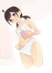  1girl absurdres ahoge black_hair blush bra breasts cellphone cropped_legs from_below grey_eyes highres holding holding_phone hyakumangoku_masurao low_twintails original panties phone simple_background small_breasts smartphone solo twintails underwear underwear_only white_bra white_panties 