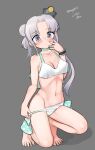  1girl absurdres akitsushima_(kancolle) barefoot bikini breasts cleavage commentary_request dated full_body grey_hair hair_bun hat highres kantai_collection long_hair maru_(marg0613) medium_breasts mini_hat official_alternate_costume one-hour_drawing_challenge purple_eyes side-tie_bikini_bottom side_ponytail sidelocks solo squatting swimsuit twitter_username white_bikini 