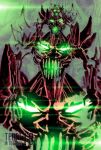  abstract abstract_background extra_faces facial_mark forehead_mark getter-1 getter_robo glowing glowing_eyes glowing_mouth green_eyes highres looking_at_viewer mecha monsterification multiple_faces no_humans parody recursion robot science_fiction shinkawa_youji_(style) solo style_parody surreal teeth teoft upper_body 