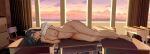 1girl absurdres barefoot between_legs between_thighs black_hair blush breasts chair classroom clothes_lift cloud curtains desk female_masturbation fish_toucher full_body hand_between_legs hand_to_own_mouth highres implied_fingering indoors large_breasts legs legs_together long_hair looking_at_viewer lying masturbation mountainous_horizon naked_shirt navel nipples nude off_shoulder on_desk on_side open_mouth original pink_eyes power_lines pussy_juice school_desk shirt shirt_lift single_bare_shoulder solo sunset sweat white_shirt window 
