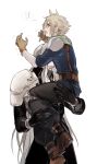  !? 2boys armor belt black_gloves black_jacket black_pants black_sleeves blonde_hair blue_eyes blue_shirt blush boots bracer brown_footwear brown_gloves cloud_strife coat embarrassed final_fantasy final_fantasy_vii gloves green_scarf grey_hair hand_on_another&#039;s_hip hand_on_another&#039;s_leg hands_up high_collar highres holding implied_yaoi jacket knee_guards leather leather_belt lifting_person long_hair long_sleeves lydiaaa male_focus messy_hair military_uniform multiple_boys open_mouth pants pauldrons scarf sephiroth shaking shirt short_hair shoulder_armor suspenders uniform white_hair yaoi 