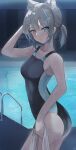  1girl absurdres animal_ears ass blue_archive blue_eyes blush breasts grey_hair hair_ornament hairclip highres looking_at_viewer one-piece_swimsuit pineapple_(pine) ponytail pool shiroko_(blue_archive) solo swimsuit wet 
