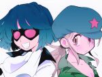  1boy 1girl :d a_(poipiku_325815) ascot blue_hair blue_headwear blunt_bangs blunt_ends breasts cleavage closed_mouth collarbone collared_shirt commentary flying_sweatdrops frown goggles green_shirt hat light_brown_hair long_hair looking_at_another open_mouth pink-tinted_eyewear pink_eyes ponytail rainbow_parakeet rainbow_parakeet_(character) senri_mariko shirt short_hair sidelocks sideways_glance simple_background smile star_(symbol) star_print sweat tinted_eyewear white_ascot white_background 