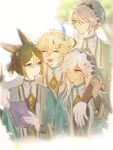 4boys ^_^ absurdres akademiya_uniform alhaitham_(genshin_impact) animal_ear_fluff animal_ears arm_around_shoulder black_hair blonde_hair blush bright_pupils brown_eyes closed_eyes closed_mouth commentary_request cyno_(genshin_impact) dark-skinned_male dark_skin earrings english_commentary expressionless eyelashes feather_hair_ornament feathers fox_boy fox_ears fox_tail genshin_impact gold_trim green_eyes green_hair green_headwear green_jacket grey_hair hair_between_eyes hair_ornament hair_over_one_eye hand_on_own_chin hand_up happy hat highres jacket jewelry kaveh_(genshin_impact) light_particles long_hair long_sleeves looking_at_another looking_away male_focus mixed-language_commentary multicolored_eyes multicolored_hair multiple_boys one_eye_covered open_clothes open_jacket open_mouth parted_bangs ponytail red_eyes shirt short_hair short_ponytail sidelocks simple_background single_earring smile swept_bangs tail teeth tighnari_(genshin_impact) tree two-tone_hair upper_body upper_teeth_only white_background white_hair white_shirt x_hair_ornament yama_(yamaxxxaoi) 