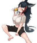  1girl absurdres animal_ears barefoot beer_can black_hair blush breasts can clenched_hand hair_between_eyes head_tilt highres holding holding_can hololive large_breasts long_hair longsan looking_at_viewer midriff multicolored_hair navel ookami_mio shirt shorts sidelocks simple_background sitting smile spread_legs streaked_hair sweat t-shirt v virtual_youtuber wet white_background wolf_ears wolf_girl yellow_eyes 