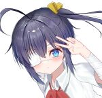  1girl ahoge black_hair blue_eyes blush chuunibyou_demo_koi_ga_shitai! collared_shirt eyepatch frown hair_between_eyes hair_ribbon medical_eyepatch ribbon shikkoku_no_hono_mikado shirt short_hair short_sleeves side_ponytail solo takanashi_rikka v white_shirt yellow_ribbon 