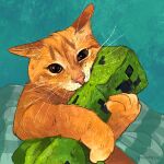  1:1 2023 4_fingers absurd_res ambiguous_gender bed_sheet bedding brown_eyes catwheezie creeper_(minecraft) domestic_cat duo embrace felid feline felis feral fingers fur green_background green_body green_skin hi_res holding_object hug icon looking_at_viewer mammal microsoft minecraft mojang orange_body orange_fur paws pink_nose plushie simple_background sitting solo teddy_bear whiskers xbox_game_studios 