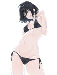  1girl absurdres ahoge bikini bikini_pull black_bikini black_hair blue_eyes breasts clothes_pull contrapposto cowboy_shot head_tilt highres looking_at_viewer open_mouth original pulled_by_self short_hair side-tie_bikini_bottom simple_background sketch small_breasts smile solo stomach swimsuit usurai_rairai white_background 
