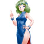  1girl bare_shoulders blue_dress blue_eyes blue_headband blue_wristband breasts closed_mouth covered_navel dragon_slayer_(series) dress green_hair hand_on_own_hip hand_up headband highres index_finger_raised medium_breasts minamoto80486 no_panties ringed_eyes side_slit simple_background sleeveless sleeveless_dress sleeveless_turtleneck_dress smile solo sorcerian split_mouth taut_clothes taut_dress turtleneck_dress white_background wristband 
