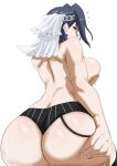  1girl ass ass_grab asymmetrical_clothes back bare_arms bare_back bare_shoulders black_hair black_panties black_thighhighs blue_bow blue_bowtie blue_eyes blue_hair bow bow_earrings bowtie breasts chain chain_headband colored_inner_hair covering covering_breasts earrings grabbing grabbing_own_ass groping hair_intakes hand_on_own_ass headband highres hololive hololive_english jewelry large_breasts looking_at_viewer looking_back micro_shorts multicolored_hair no_bra no_shirt ouro_kronii ouro_kronii_(1st_costume) panties redi_(rasec_asdjh) ribbon_earrings short_hair shorts simple_background solo solo_focus thighhighs topless underwear underwear_only veil virtual_youtuber white_background 