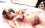  absurdres bikini brown_eyes brown_hair girl_friends_(manga) highres kumakura_mariko looking_at_viewer lying morinaga_milk on_back on_bed pink_bikini self-upload short_hair surprised swimsuit urzuse7en 