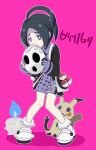  1boy black_eyes black_hair bright_pupils covered_mouth full_body gloves holding holding_mask koyukiyasu litwick male_focus mask mimikyu pale_skin pink_background poke_ball poke_ball_(basic) pokemon pokemon_(creature) pokemon_(game) pokemon_swsh purple_shirt purple_shorts shirt short_hair shorts shy single_glove standing white_footwear white_pupils 