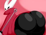  anthro arthropod bent_over big_butt black_body bottomless butt cloak clothed clothing denizen1414 empty_eyes female hi_res hollow_knight hornet_(hollow_knight) huge_butt insect looking_at_viewer looking_back nail_(weapon) solo team_cherry thick_thighs wide_hips 