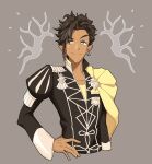  1boy brown_hair claude_von_riegan closed_mouth dark-skinned_male dark_skin earrings facing_viewer fire_emblem garreg_mach_monastery_uniform green_eyes hand_on_own_hip highres jewelry looking_to_the_side soranker 