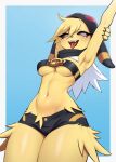  absurd_res anthro arm_over_head azuu bottomwear breasts clothed clothing eeveelution female fur fur_tuft generation_1_pokemon hi_res hood hotpants jolteon looking_at_viewer medium_breasts midriff nintendo open_mouth pokemon pokemon_(species) shorts skimpy solo tongue tongue_out topwear tuft under_boob yellow_body yellow_fur 