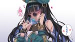  1girl black_hair blue-tinted_eyewear candy colored_inner_hair commentary_request commission eyeliner fate/grand_order fate_(series) food green_headwear green_jacket heart highres jacket lollipop looking_at_viewer looking_over_eyewear makeup multicolored_hair round_eyewear senrireiri sexually_suggestive skeb_commission solo sunglasses tenochtitlan_(fate) tinted_eyewear translation_request white_background 