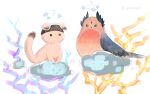  &gt;_o 1boy 1girl :3 ? animal_focus animalization arknights bird black_headband cat goldenglow_(arknights) headband no_humans one_eye_closed orange_eyes passenger_(arknights) pigeon pink_fur simple_background sitting_on_cloud spacelongcat star_(symbol) white_background 