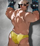  1boy :o against_wall akiha_gongen_(housamo) arms_up ass ass_focus back bandaid bandaid_on_face bandaid_on_nose bara black_gloves blush facial_hair facing_viewer feet_out_of_frame from_behind gloves goatee highres horns long_sideburns looking_at_viewer looking_back male_focus male_swimwear multicolored_hair muscular muscular_male official_alternate_costume shy sideburns single_horn solo swim_briefs thick_eyebrows tokyo_afterschool_summoners topless_male two-tone_hair undercut white_hair yellow_male_swimwear younine01 