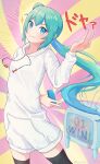  1girl :&gt; absurdres alternate_hairstyle antennae aqua_eyes aqua_hair arched_back arm_behind_back black_thighhighs controller cowboy_shot doyagao drawstring emphasis_lines floating_hair hand_up hatsune_miku highres holding holding_controller hood hoodie long_hair looking_at_viewer nintendo_switch ponytail smile smug solo sparkle standing television thighhighs translated twitter_username v v-shaped_eyebrows very_long_hair vocaloid white_hoodie yasuno-labo 