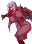  1girl absurdres armored_boots armored_gloves boots breasts covered_nipples dragon_yukano highres huge_breasts long_hair looking_at_viewer ninja ninja_slayer open_mouth purple_eyes purple_hair red_scarf scarf simple_background solo teeth tongue vambraces white_background yoshitsuki 