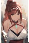  1girl bare_shoulders breast_focus breasts chest_jewel cleavage close-up core_crystal_(xenoblade) criss-cross_halter dark_red_hair detached_sleeves glimmer_(xenoblade) halterneck high_ponytail highres j@ck japanese_clothes kimono large_breasts long_hair looking_at_viewer ponytail red_hair revision smile solo swept_bangs white_kimono wide_sleeves xenoblade_chronicles_(series) xenoblade_chronicles_3 xenoblade_chronicles_3:_future_redeemed 