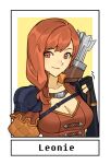  1girl armor black_gloves breasts cleavage commentary_request fire_emblem fire_emblem:_three_houses gloves hand_up large_breasts leonie_pinelli long_hair looking_at_viewer orange_eyes orange_hair orange_shirt quiver shirt shoulder_armor silvercandy_gum smile solo upper_body 