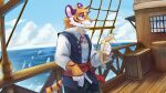  anthro barrel blue_clothing blue_sky blue_topwear blue_vest clothed clothing cloud crate fangs felid fur hi_res holding_map jewelry kuttoyaki male mammal markings mouth_closed necklace orange_body orange_fur pantherine pirate purple_eyes purple_markings purple_nose purple_stripes sky solo standing stripes teeth tiger topwear vest water white_body white_clothing white_fur white_topwear 