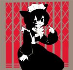  1girl adpx animal_ears arm_at_side black_dress black_eyes black_hair border brown_border cat_ears center_frills cevio chikyuu_no_ura_(cevio) closed_mouth colored_skin dress elevator_door feet_out_of_frame frills gathers hair_over_shoulder half-closed_eyes hand_up high_collar highres leaning_forward long_hair long_sleeves looking_at_viewer low_ponytail maid no_pupils pointing pointing_at_self puffy_long_sleeves puffy_sleeves red_background smirk solo white_skin 