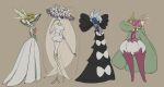  blue_flower brown_background closed_mouth clothed_pokemon commentary eyelashes flower frills gardevoir gothitelle hand_up hat hat_flower highres oimo_kenpi pheromosa pokemon pokemon_(creature) purple_eyes purple_flower standing tsareena white_flower white_headwear yellow_flower 