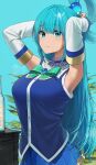  1girl aqua_(konosuba) arms_behind_head blue_background blue_eyes blue_hair blue_skirt bow closed_mouth detached_sleeves green_bow highres kono_subarashii_sekai_ni_shukufuku_wo! long_hair looking_at_viewer noeru pleated_skirt simple_background single_hair_ring skirt solo 