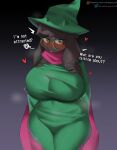  &lt;3 18_(artist) anthro biped black_body black_fur blush bovid caprine clothed clothing deltarune dialogue english_text eyewear female fur glasses goat hi_res looking_at_viewer mammal open_mouth ralsei scarf simple_background solo text tight_clothing undertale_(series) 
