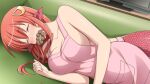  1girl apron artist_request breasts cleavage closed_eyes doughnut facial_mark food game_cg hair_between_eyes hair_ornament hairclip lamia large_breasts long_hair miia_(monster_musume) monster_girl monster_musume_no_iru_nichijou monster_musume_no_iru_nichijou_online mouth_hold non-web_source official_alternate_costume official_art pink_apron pointy_ears pon_de_ring red_scales scales sleeping solo 