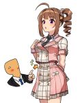  1girl 1other ahoge arrow_(symbol) black_jacket black_necktie blue_necktie brown_hair drill_hair formal highres idol_clothes idolmaster idolmaster_million_live! idolmaster_million_live!_theater_days jacket kamille_(vcx68) long_hair necktie open_mouth p-head_producer pink_shirt pink_skirt plaid plaid_shirt plaid_skirt producer_(idolmaster) puffy_short_sleeves puffy_sleeves purple_eyes shirt short_sleeves side_drill simple_background skirt suit white_background yokoyama_nao 